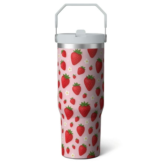 1pc strawberry 30oz Tumbler with Straw & Handle - Insulated Stainless Steel Cup | Holiday Gift for Man Women (Christmas, Valentine's, Birthday)
