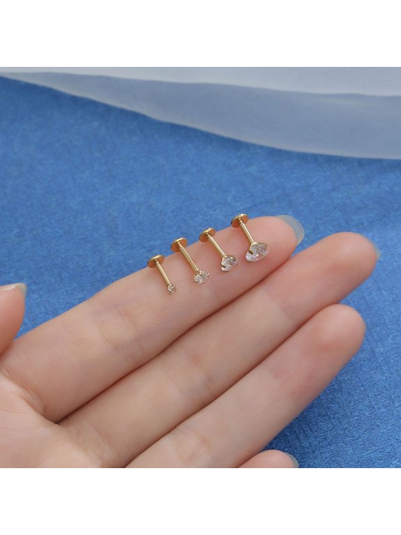 1pc 316 Surgical Stainless Steel Clear Cubic Zirconia Threadless Labret Stud Tragus Stud Flat Back Earring Golden 6mm Pin: 1.2mm Head: 2mm