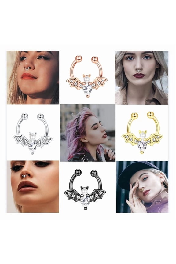 1pc 316L Stainless Steel Clear Cubic Zirconia Bat Clip-on Nose Septum Rings Nose Non Piercing Jewelry Black 10mm
