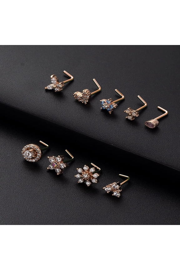 1pc 316L Surgical Stainless Steel Clear Cubic Zirconia L-Shaped Nose Rings Flower Rose Gold 7mm Pin: 0.8mm