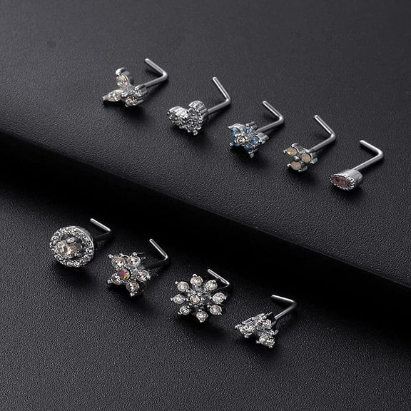 1pc 316L Surgical Stainless Steel Clear Cubic Zirconia L-Shaped Nose Rings Flower 7mm Pin: 0.8mm Stainless Steel Color