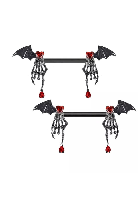 1pc 316L Surgical Stainless Steel Ruby Rhineston Nipple Barbells Black Hand with Wings 37x21mm