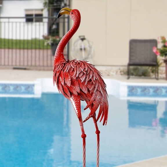 1pc, 36-Inch Outdoor Metal Flamingo Decor, Rustic Bird Yard Art, Standing Flamingo Statue For Lawn, Backyard, Porch, & Patio, Garden Sculpture, Single Pack