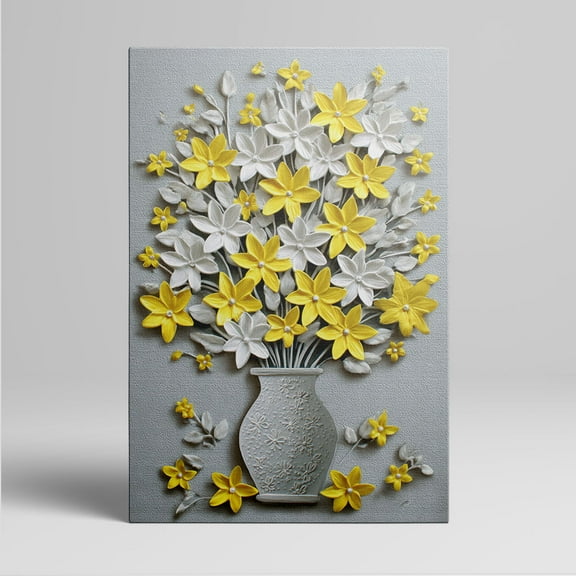 1pc 3D Embossed Canvas Wall Art with a Vase Filled with Yellow and White Flowers, framed Decor room hanging Wall Picture Decor for Home Gifts, living room, bathroom, bedroom, kitchen wall art decor