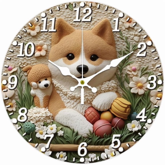 1pc 3D Puppy Wall Clock Flowers Non-Ticking Clock 12 Inch Round Decorative Clocks Printed Wall Clocks for Home Office Decoration Colorful
