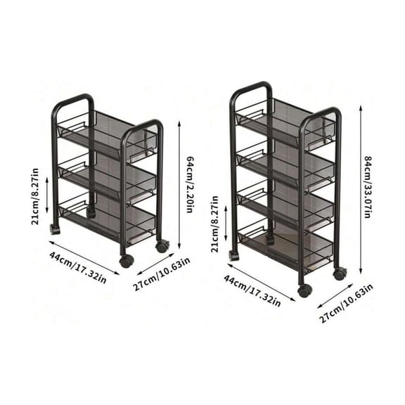 1pc 4&3 Black Tier Mesh Wire Rolling Cart, Kitchen Storage Organizer Utility Cart, Full Metal Basket Storage Art Trolley Carts With Wheels & 4 Side Hooks