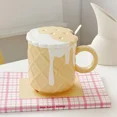 thumbnail image 1 of 1pc 400ML Biscuit Pattern Coffee Mug with Lid And Spoon Ceramic Coffee Cups Cute Kawaii Water Cup Summer Winter Drinkware Gifts (301-400ml,Yellow), 1 of 7