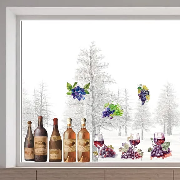 1pc 46x15"/116x38cm Farmhouse style Wall Decals Kitchen Grape Fruit Window Clings Double Sided Wine Bottle Window Decals Wine Glass Window Stickers Non Adhesive Static Vinyl Film for Home