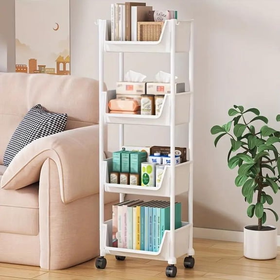 1pc 5-Tier Plastic Storage Rack, Multifunctional Organizer with 5 Layers & Hooks