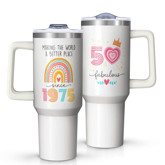 1pc 50 years old 40oz Tumbler with Straw & Handle - Insulated Stainless Steel Cup | Holiday Gift for Man Women (Christmas, Valentine's, Birthday)