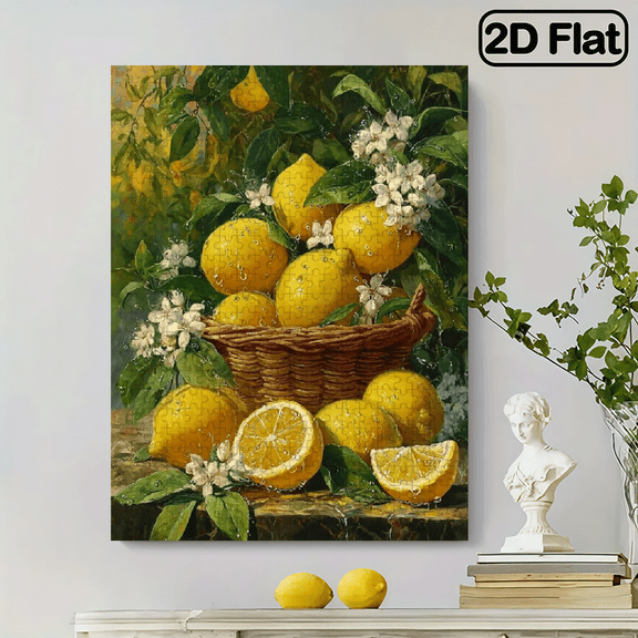 1pc 500pcs Extra-Large Jigsaw Puzzle - 20.5x15in (52x30cm) Interlocking Thick Cardboard, Scratch Fade Resistant, Vibrant Lemon Basket with Sliced Lemons Green Leaves