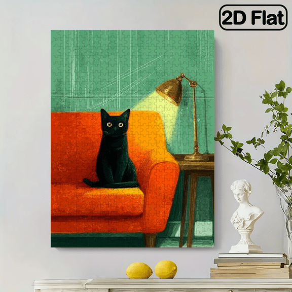 1pc 500pcs Extreme Challenge Jigsaw Extra-Large 15X20.5In (Cm), Interlocking, Thick Cardboard, Scratch Fade Resistanta 500pcss Jigsaw Puzzle Depicts a Black Cat Sitting on an Orange Sofa Next to a