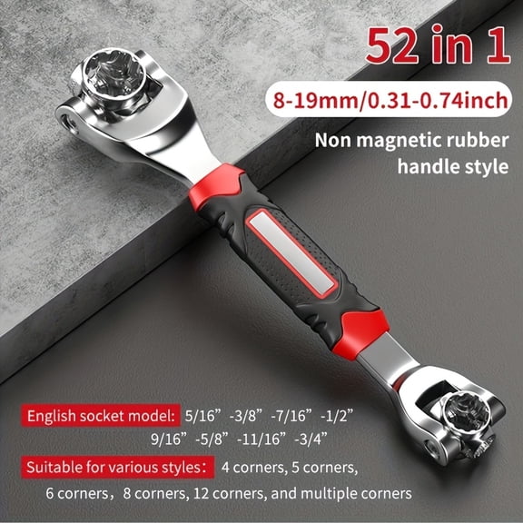 1pc 52-in-1 Universal Socket Wrench, Universal Adjustable Double-headed Wrench Tool, Flexible 360-degree Rotating Head with Rubber Handle