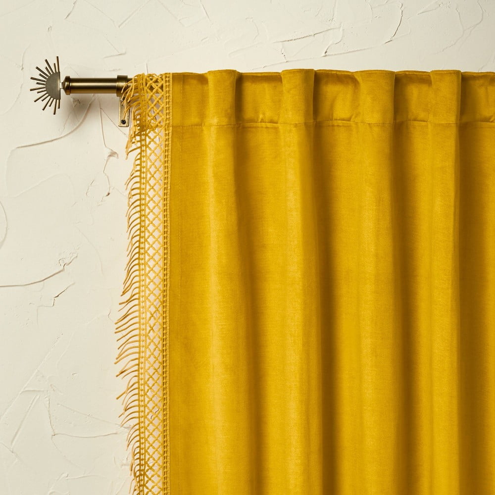 1pc 54"x84" Light Filtering Velvet Macrame Trim Window Curtain Panel Gold - Opalhouse‚Ñ¢ Designed with Jungalow‚Ñ¢