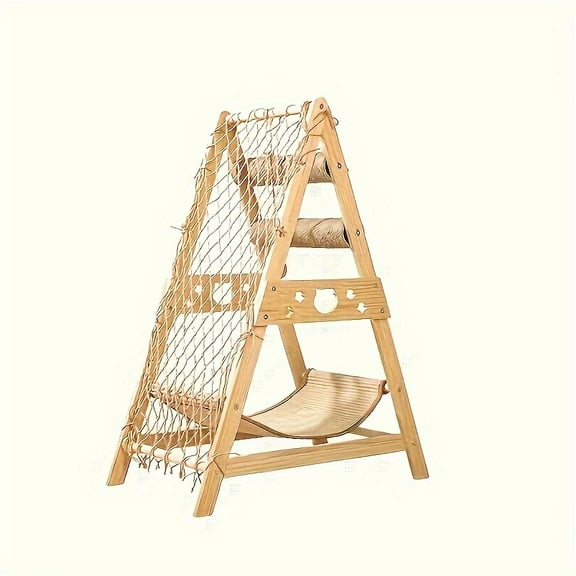 1pc 6-in-1 Deluxe Cat Tree Tower - Multi-Level House, Hammock, Jumping Platform, Scratching Post, Climbing Net, Real Branch Wood Design - Sisal Rope For Claw Sharpening, Spacious Resting