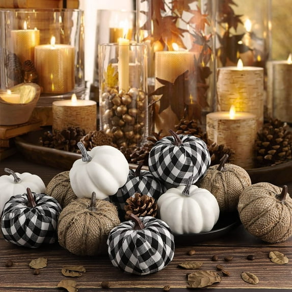 18 Pcs Fake Pumpkins, Thanksgiving Pumpkin Foam Pumpkins Fabric Pumpkin Burlap Grid White Pumpkins for Decorating Halloween Decoration Halloween Clearance Home Decorations, Black