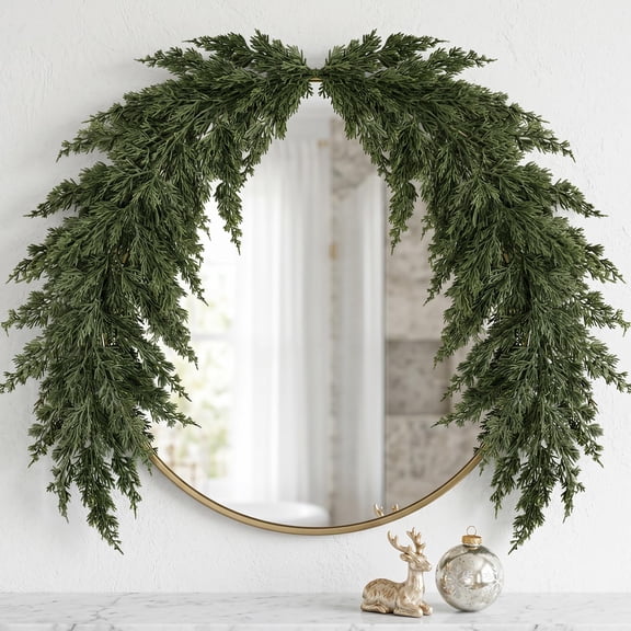 1pc 61in Real Touch Norfolk Pine Mirror Garland, Flexible Greenery Wreath for Mirror Mantle Mailbox Indoor Outdoor Christmas Decorations