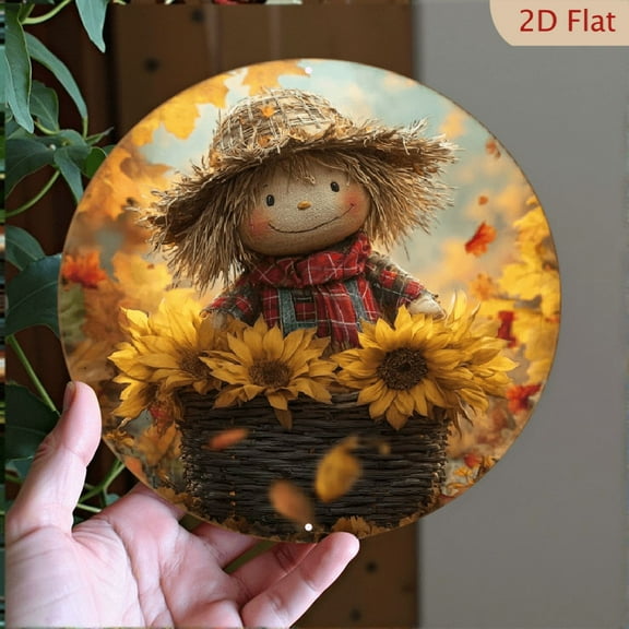 1pc 7.87x7.87inch Aluminum Autumn Scarecrow and Pumpkins 2D Circular Metal Sign, Durable 8-Inch Round Wall Hanging Plaque for Home, Bars, Clubs, Cafes - 100 Heavy-Duty 2D, High Bend Resistance