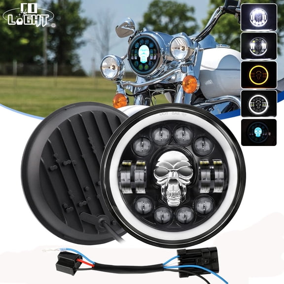 1pc 7" inch RGB Skull LED Headlight Halo DRL for Motorcycle Truck Offroad Pickup