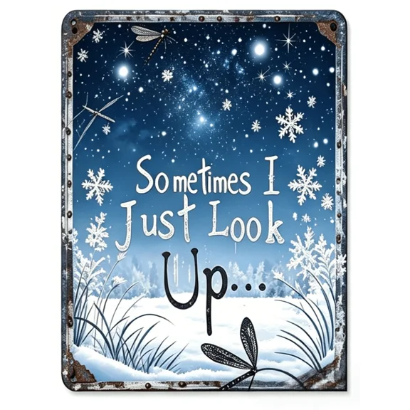 1pc, 8*12inch Vintage Metal Tin Sign, Vintage Dragonfly & Moon Metal Tin Sign With Inspirational Quote "Sometimes I Just Look Up" - Rustic Wall Art For Home, Office, Bar, Cafe Indoor/Outdoor Decor