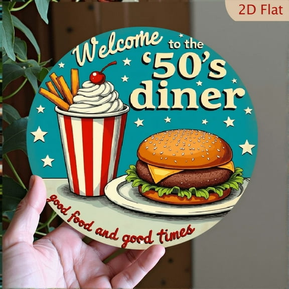 1pc 8*8 Inch Retro 50s American Diner Metal Sign – Classic Wall Decor with _Welcome to the '50s Diner_ Design, Perfect for Kitchen, Milkshake Bar, or Theme Party, Ideal Gift for Nostalgia Lovers