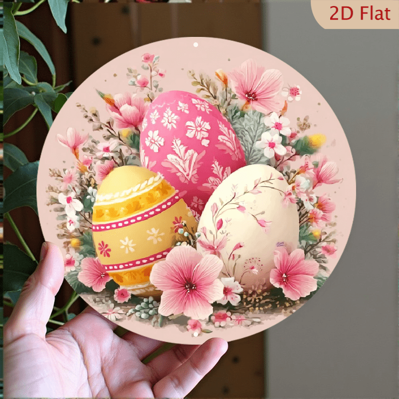 1pc, 8" Aluminum 2D Flat Easter Egg Wall Art, Featuring Round Aluminum