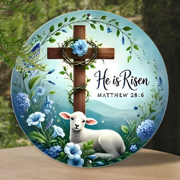 1pc 8" Aluminum Wall Art Sign, Boho Style Aluminum Round Wreath Sign, 8", Weatherproof, He Is Risen Lamb Floral Design, Multipurpose Wall/Tabletop Art For Home, Office, Cafe, Bar, Room, Bathroom