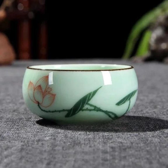 1pc 80ml/2.82oz Traditional Celadon Hand-painted Landscape Teacup Ceramic for Lotus Carp Tea Set Double-fish Chinese Tea Master Cup