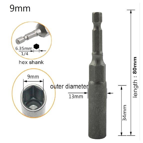 1pc 80mm Length Deepen Power Nut Driver Drill Bit 5.5-19mm Socket Adapter 1/4 Hex Shank Drill Bit Adapter For Power Drills