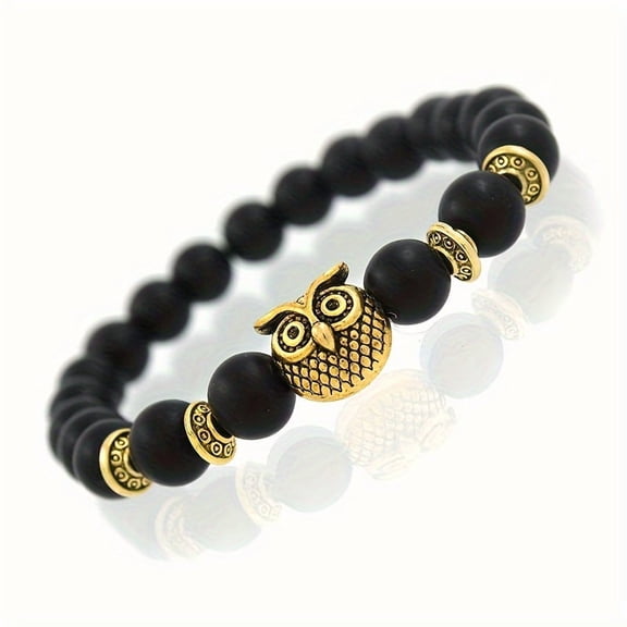 1pc 8mm Natural Black Agate Beads Owl Bracelet for Men and Women Handmade Natural Stone Owl Lovers Lucky Gift Gorgeous Handmade Beaded Bracelet Couple Jewelry Jewelry Gift for Friends and Family