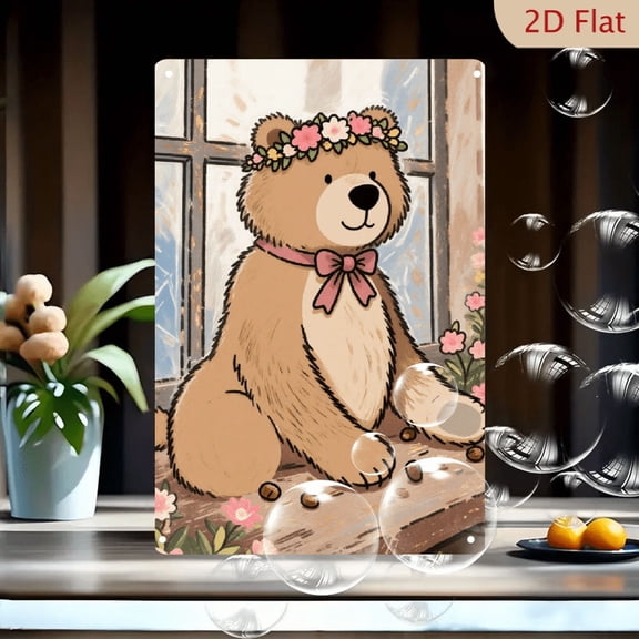 1pc 8x12 Inch Metal Wall Art, Cute Cartoon Teddy Bear with Ribbon & Floral Crown, Pastel Spring Whimsical Design, Indoor Outdoor Home Garden Caf