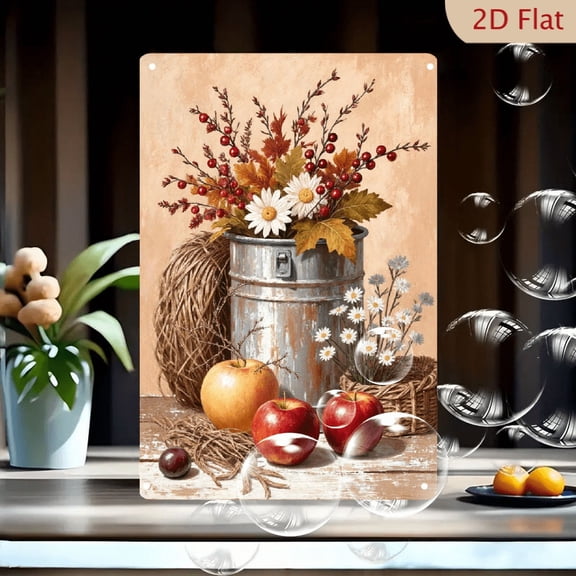 1pc 8x12 Inch Metal Wall Art, Rustic Autumn Still Life Bucket with Berries, Apples & Daisies, Cozy Vintage Peach Background, Farmhouse Fall Decor for Home Porch