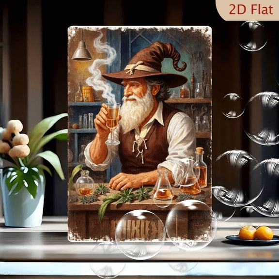 1pc 8x12 Inch Metal Wall Art, Vintage Alchemist Wizard Bearded Man in Lab Decor, Old Apothecary Style Artwork with Glass Containers & Wooden Table, Home