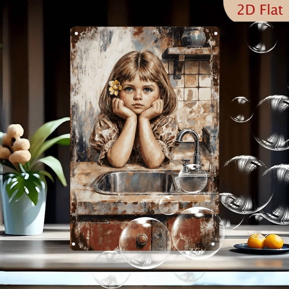 1pc 8x12 Inch Metal Wall Art, Vintage Young Girl in Kitchen Painting, Stainless Steel Sink & Rustic Countertop Scene, Weathered Aged Look with Earthy Tones, Perfect for