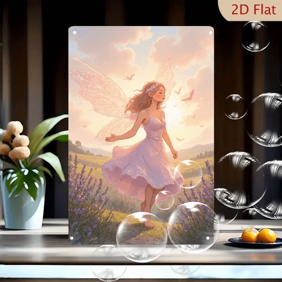 1pc 8x12 Inch Metal Wall Art, Whimsical Fairy Meadow Sunset Scene Decor, Enchanted Sunlit Meadow with Butterfly - Winged Fairy, Iridescent Wings Lavender