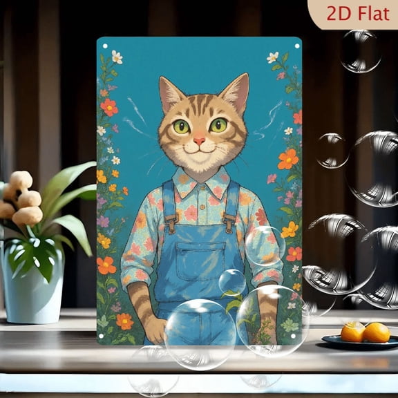 1pc 8x12 Inches Anthropomorphic Cat Metal Wall Art, Whimsical Tabby Cat with Floral Shirt & Overalls Holding Plant, Vibrant Teal Floral Background Metal Sign,