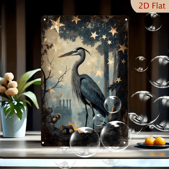1pc 8x12 Inches Grey Heron Mystical Forest Night Metal Wall Art, Vintage Enchanted Scene with Stars Campfire and Chimneys, Distressed Frame, Fantasy Nature Decor for Home Living