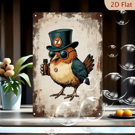 1pc 8x12 Inches Metal Wall Art, Anthropomorphic Bird with Top Hat & Sunglasses, Retro Steampunk Vintage Aesthetic, Distressed Weathered Metal Sign for Outdoor/Indoor Decor, Garage, Porch, Home