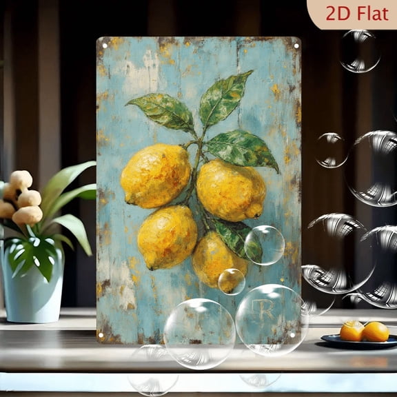 1pc 8x12 Inches Metal Wall Art, Impressionistic Yellow Lemons with Green Leaves on Distressed Blue Background, Vintage Rustic Home Decor for Kitchen, Farmhouse, Café, Garden, Porch, Garage