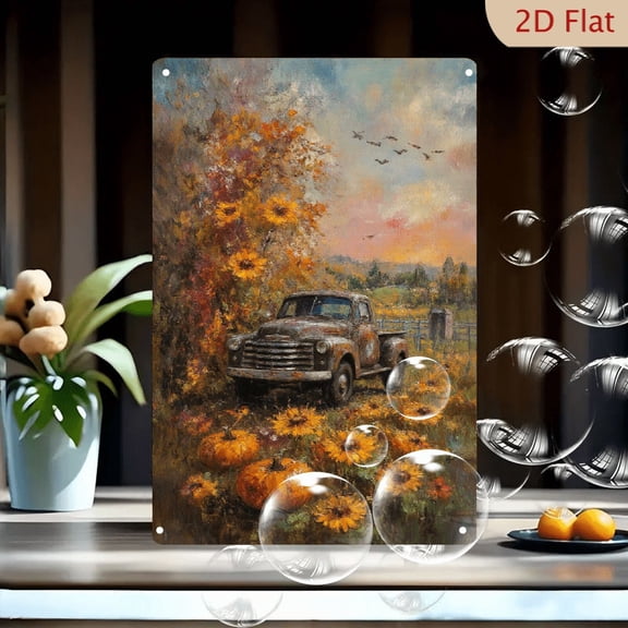 1pc 8x12 Inches Metal Wall Art, Rustic Autumn Old Pickup Truck Sunflowers Pumpkins Tree Painting, Vintage Impressionistic Fall Scene Decor, Home Porch
