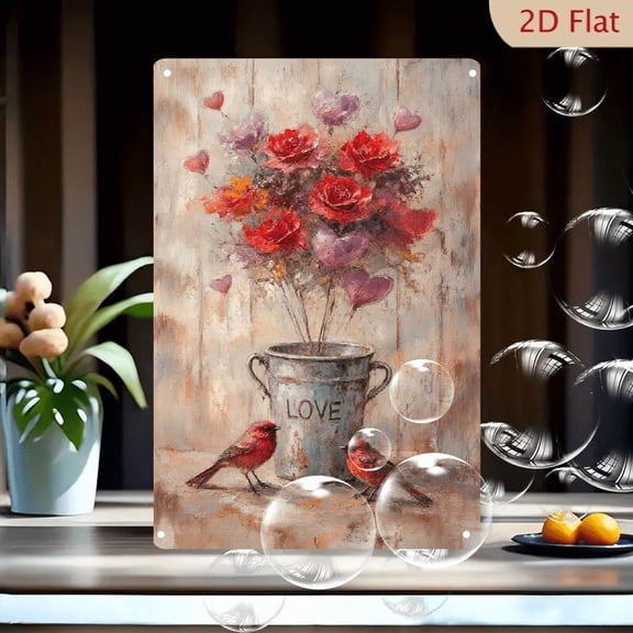 1pc 8x12 Inches Metal Wall Art, Rustic Romantic Love Bucket with Red Roses & Cardinals, Vintage Wooden Background Metal Tin Sign, Heart Petals Decor, Cozy