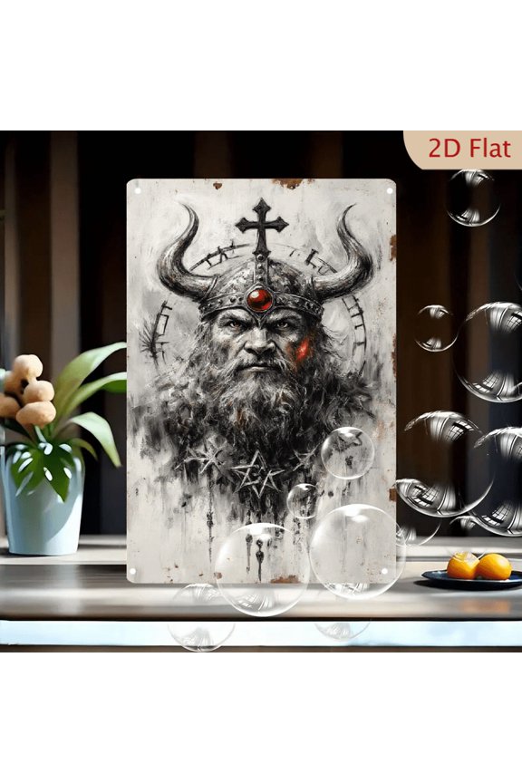 1pc 8x12 Inches Metal Wall Art, Viking Warrior with Horned Helmet & Cross, Red Accents Gothic Occult Decor, Fierce Bearded Figure with Star Chains, Dark Artistic Home Decor for Porch Garage Cafe Bar