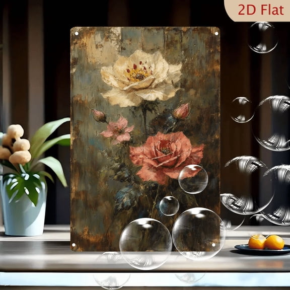 1pc 8x12 Inches Metal Wall Art, Vintage Flower Painting with Aged Textured Background, Pale Yellow Rose Pink Petals Buds, Rustic Antique Floral Wall Decor for