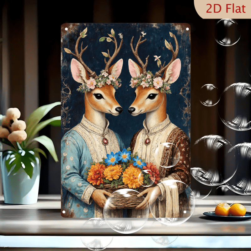 1pc 8x12 Inches Metal Wall Art, Whimsical Fantasy Deer Floral Crowns ...