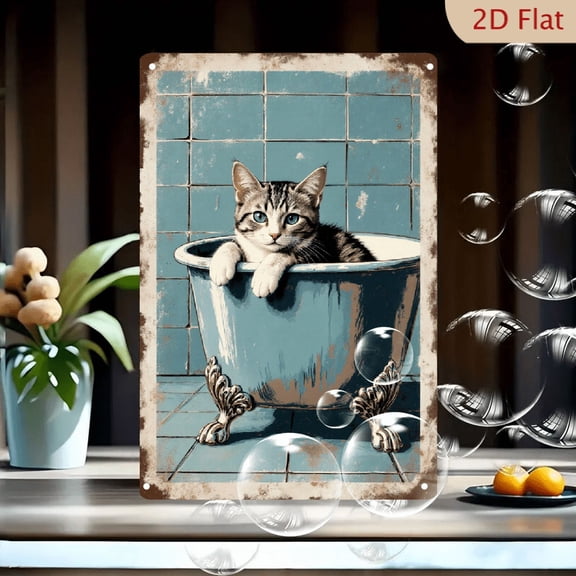1pc 8x12 Inches Vintage-Style Metal Wall Art, Tabby Cat in Light Blue Clawfoot Tub with Blue Eyes, Distressed Retro Print, Tiled Bathroom Background, Aged Brown Border, Indoor/Outdoor Home