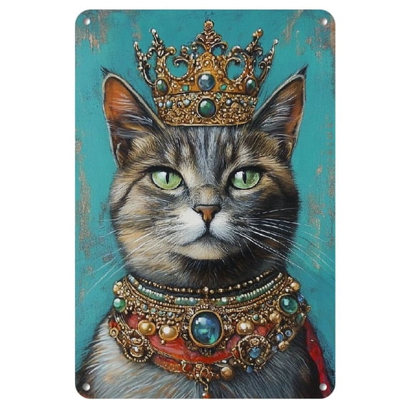 1pc 8x12 Vintage Golden Crown Cat Metal Wall Art - Durable Iron, Regal Feline Design with Jewelry Accents, Easy to Install, Ideal for Home & Office Decor