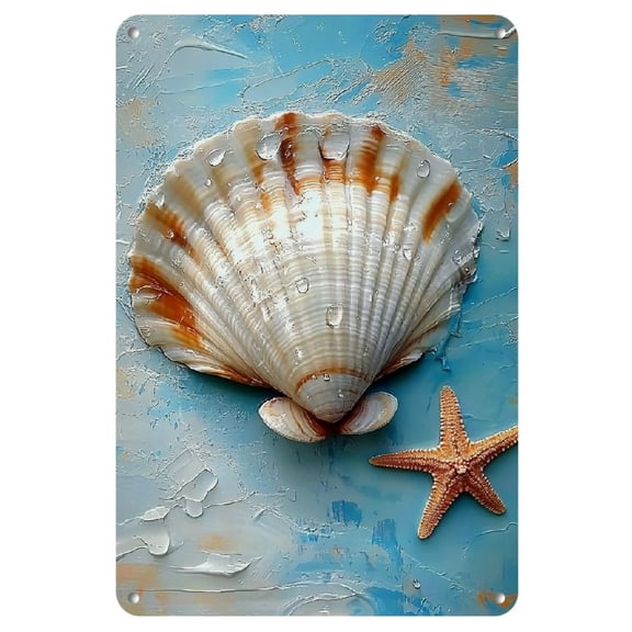 1pc 8x12 Vintage Seashell Metal Sign - Retro Wall Art for Home & Bar Decor, Durable Iron, Bohemian Style, Blue & White Nautical Theme, Room Accent, Beach House Decor | Bohemian Style Decor