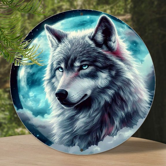1pc 8x8 Aluminum 2D Grey Wolf Art Metal Sign under the Moon "- HD printed, circular decoration, for homes, cafes, garages and the perfect gift for friends, family and brothers