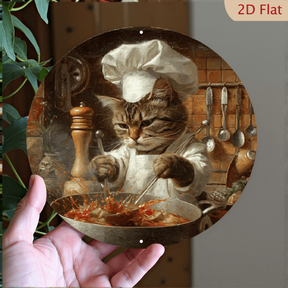 1pc 8x8 Inch Aluminum aluminium Sign - Whimsical Chef Cat Cooking Kitchen Wall Art, Rust-Resistant OutdoorIndoor Decor with Pre-Drilled Holes, American-Style 2D Flat Art for Home, Coff