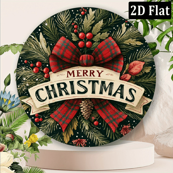 1pc 8x8 Inch Circular Christmas Wall Art Festive Bowknot Garden Sign with Cones, Holly Berries Plaid Bow, Merry Christmas Script, Reusable Holiday Decor - Artistic Gift, Outdoor Christmas Decor
